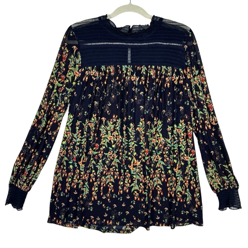Suzanne Betro Black Floral‎  Keyhole Top Womens Size Small Boho Cottagecore